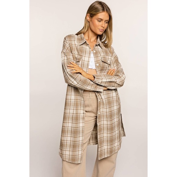 Long Plaid Button Down Shacket - Picture 2 of 7